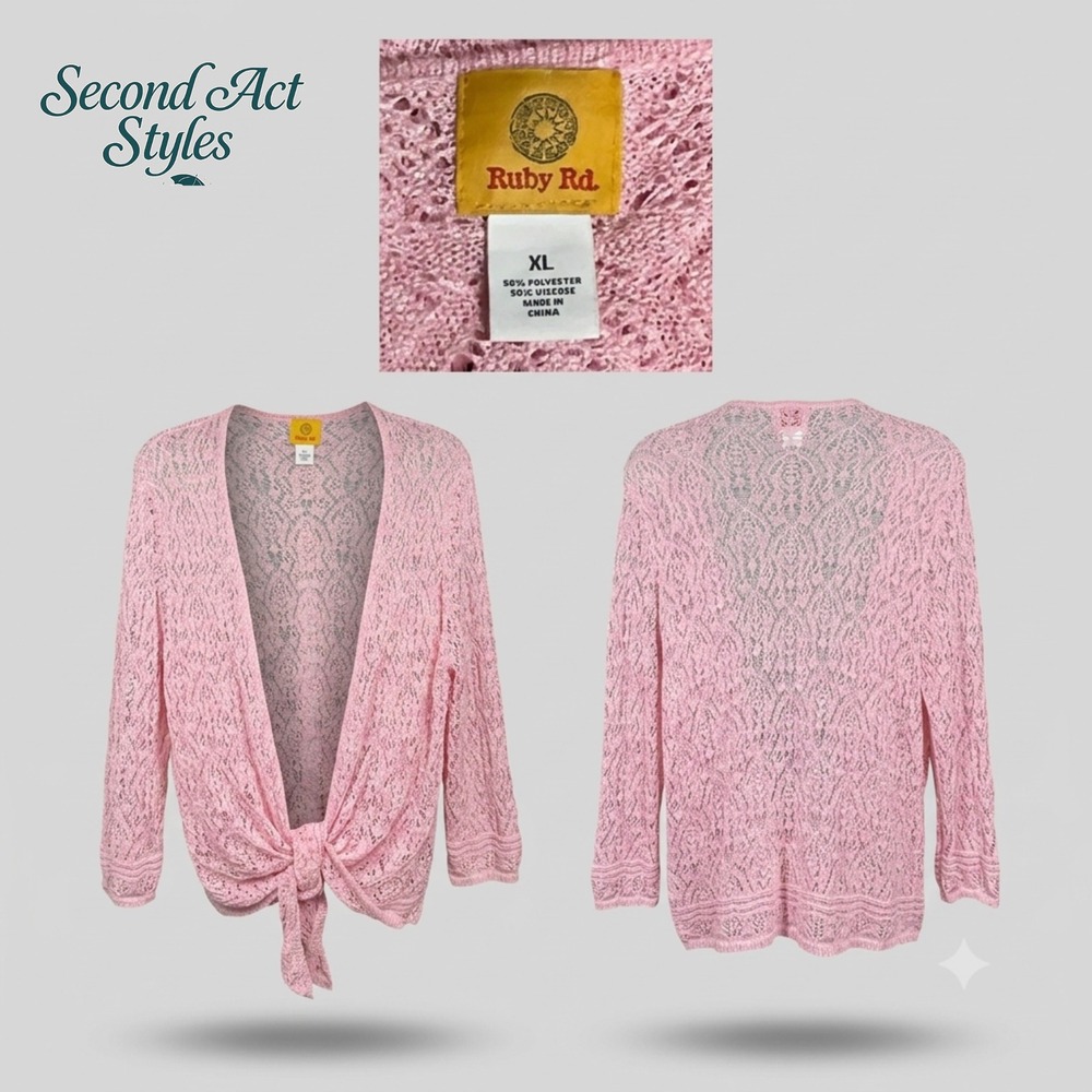 Ruby Rd Women's XL Pink Pointelle Open Knit Tie Front Cardigan Shrug 3/4 Sleeve